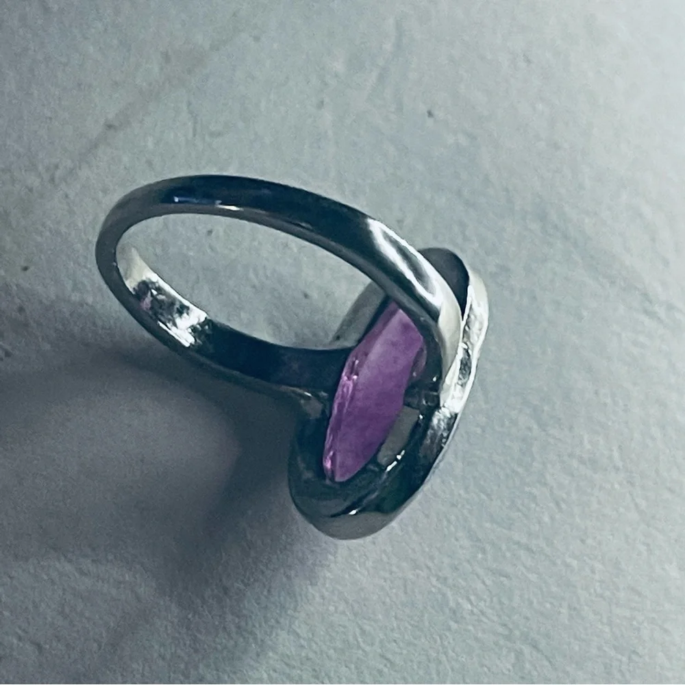New Sterling Silver Long Oval Purple Amethyst Oblong Artisan Handmade Ring